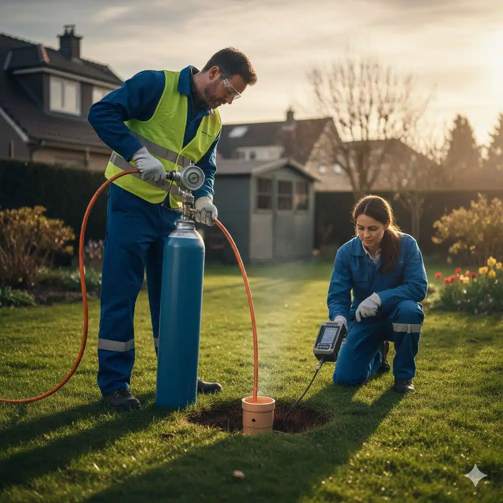 Injection de gaz traceur hélium dans une canalisation extérieure pour recherche de fuite invisible sous jardin.