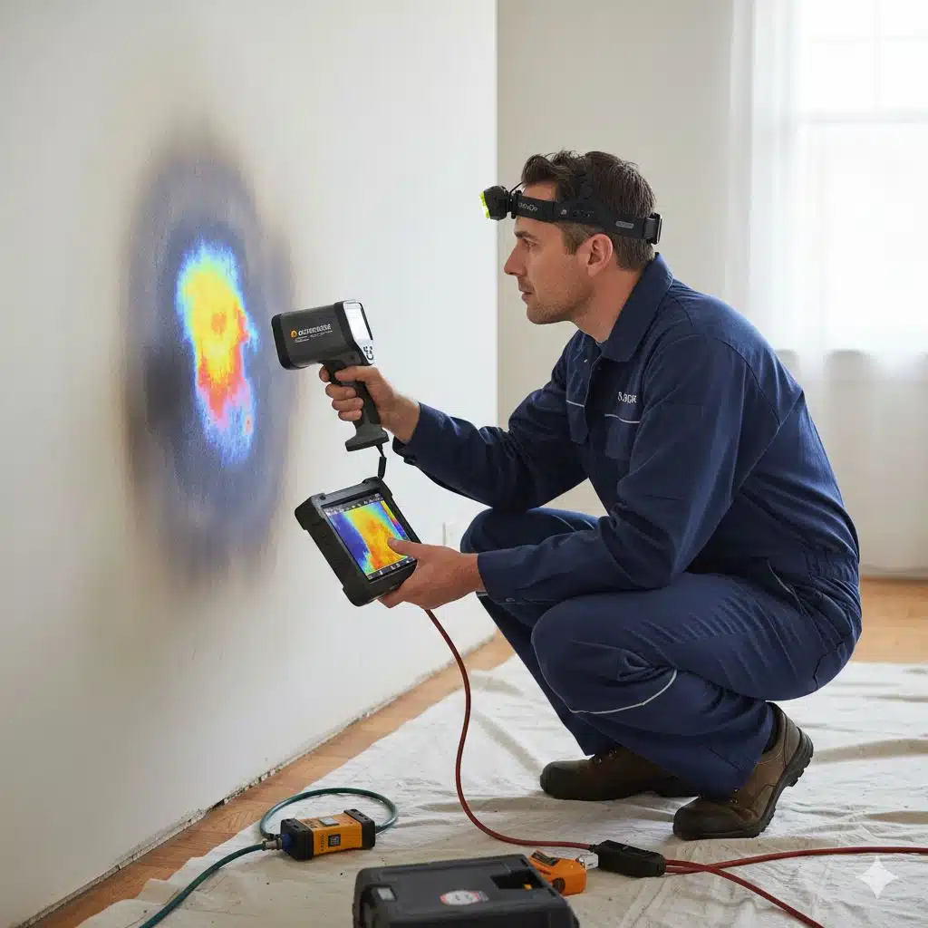 echnicien utilisant une caméra thermique pour détection de fuite d'eau non-destructive sur un mur humide.